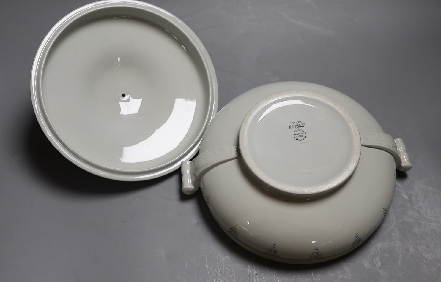 An Eric Ravilious for Wedgwood 'Travel' tureen and cover and a Chloe Cheese print of a Ravilious mug, unframed, tureen 24 cms wide